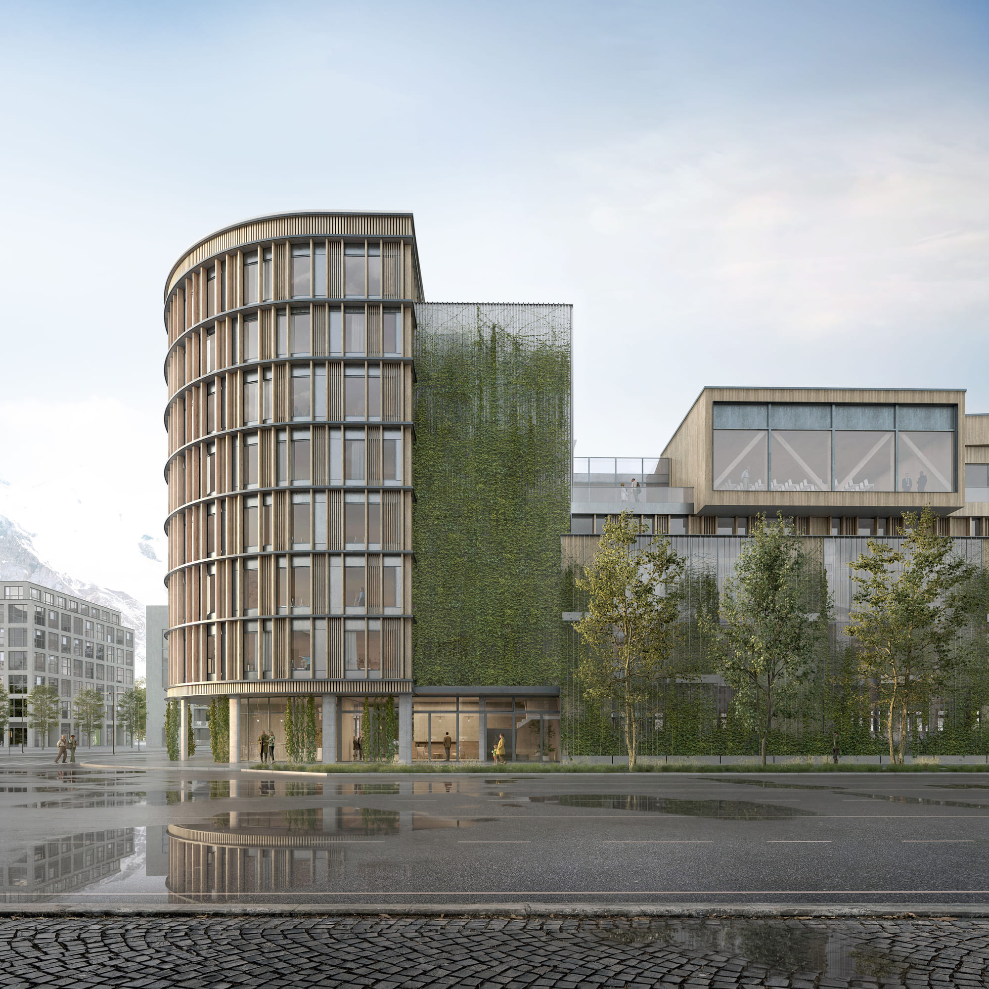 Bild eines Gebäude-Renderings mit begrünter Fassade